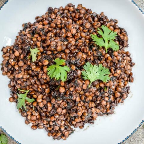 Syrian lentils in white bowl seen from overhead