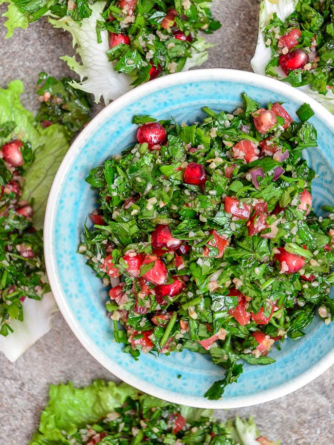 Tabbouleh with pomegranate seen from top down