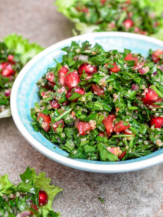 Tabbouleh with pomegranate seen from the side