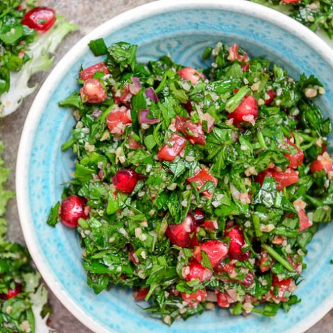 Tabbouleh with pomegranate seen from top down