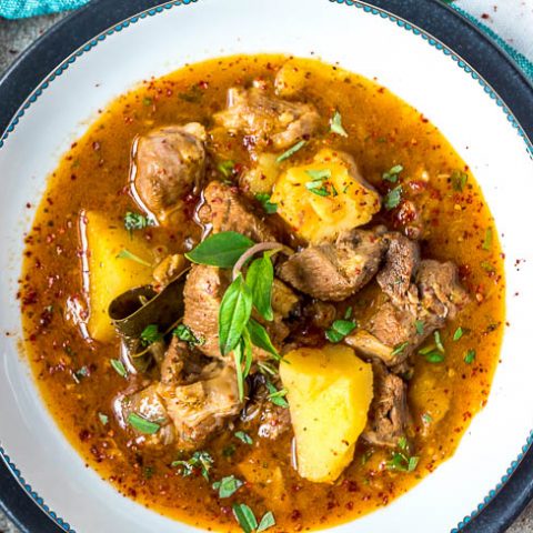 Lamb stew with potatoes seen top-down