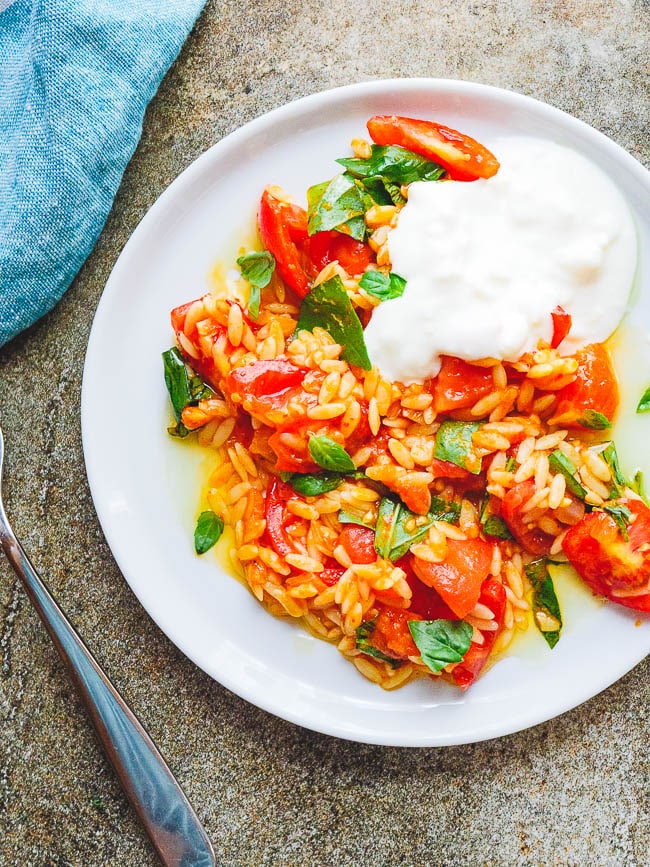 Tomato orzo pasta on white plate, seen from above