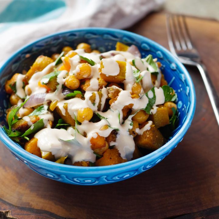 Fried chickpeas, roast pumpkin and tahini sauce - recipe / A kitchen in Istanbul