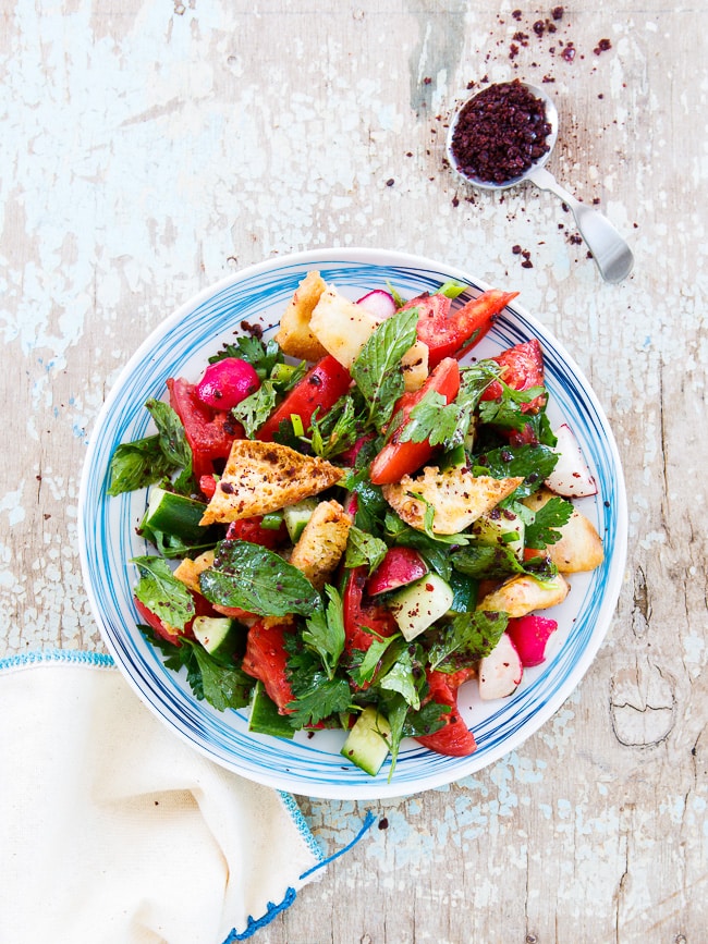 Fattoush - Lebanese bread and vegetable salad with sumac, shown from top
