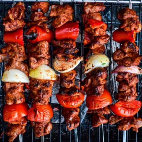 Turkish lamb shish kebab on the barbecue, top down