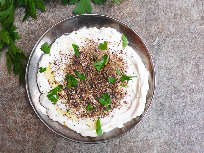 Labneh with za'atar and olive oil seen top down