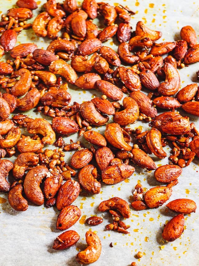 Middle Eastern spiced nuts on baking parchment