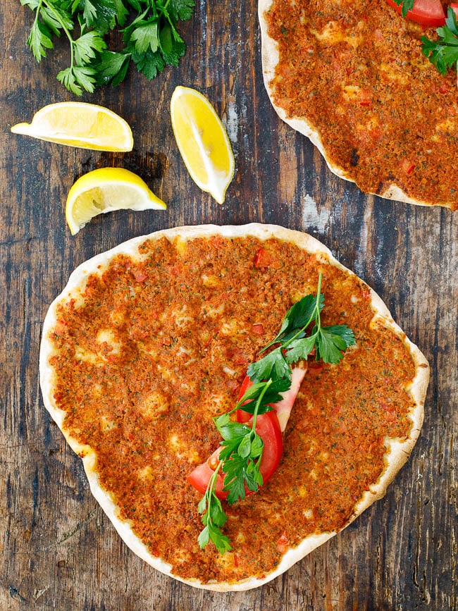 Turkish lahmacun seen from above