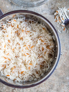 Fluffed up Turkish rice in a pot, seen from above