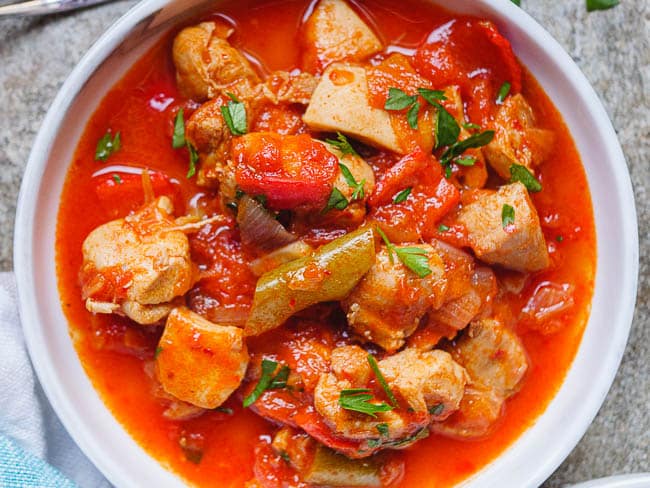 Close-up of Turkish chicken stew, seen from above