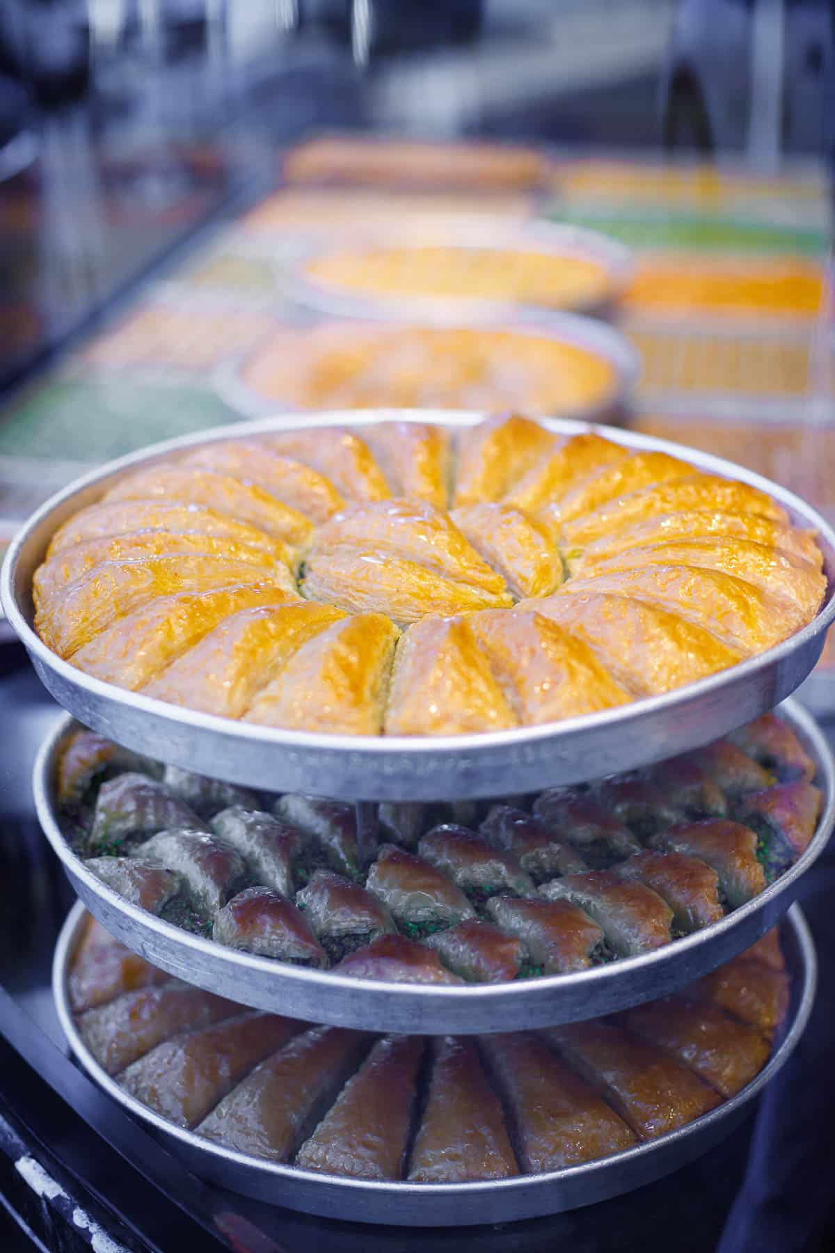 Trays of havuc dilimi and other types of baklava at a bakery in Istanbul.