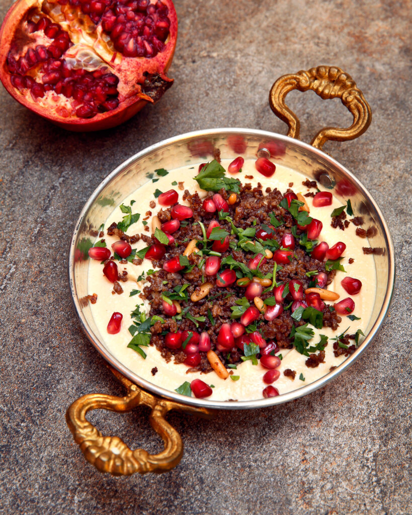Hummus with spiced lamb and pomegranate